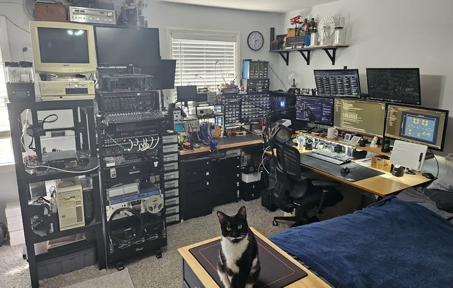 Barrett's home workspace with computers, electronics equipment, tools, and a cat